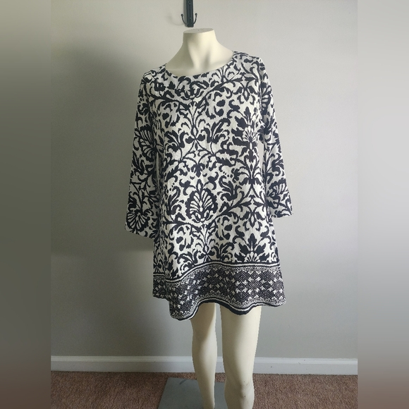 Tyler Boe 100% Linen tunic top/mini dress/ cover up womens small black +White - Picture 1 of 12